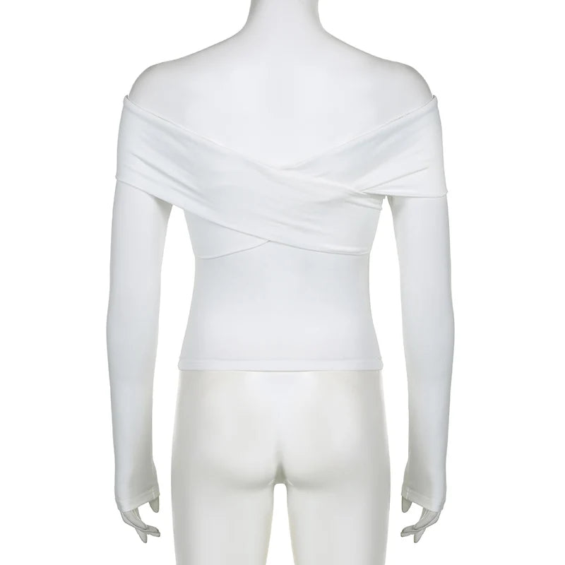 Korean Fashion White Women T-shirts Off Shoulder Top Crop Criss-Cross Coquette Clothes Autumn Tee Sweats Tight Kawaii