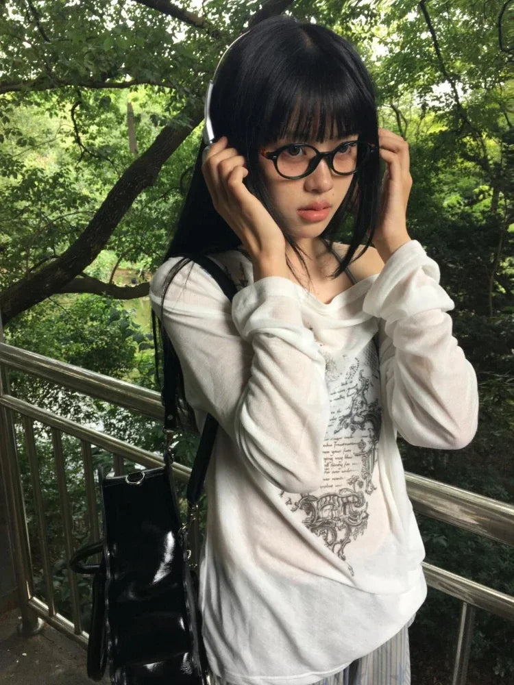 Harajuku Skew Collar Loose T-shirts 2025 Streetwear Letter Print Grunge Tops Women Casual Y2k Aesthetic Summer Sunscreen Tees