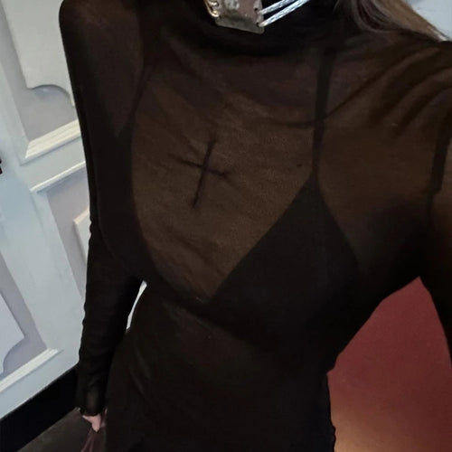 Load image into Gallery viewer, 2025 Sexy Y2k Aesthetic Two Pieces Set Women See Through Slim Fit Pullover + Halter Cropped Chain Vest Streetwear Grunge Outfits
