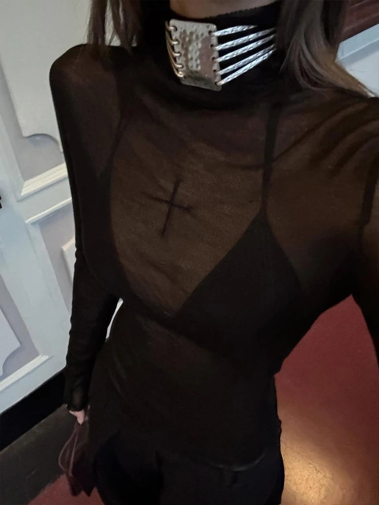 2025 Sexy Y2k Aesthetic Two Pieces Set Women See Through Slim Fit Pullover + Halter Cropped Chain Vest Streetwear Grunge Outfits