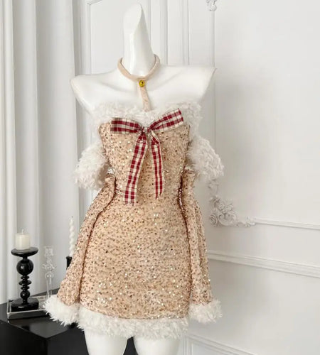 Autumn Women's Gold Patchwork Sequin Bow Backless Halter Short Dress Fashion Korean Elegant Slim Sexy Wrapped Hip Mini Dress New