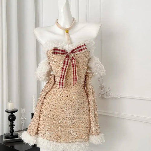 Load image into Gallery viewer, Autumn Women's Gold Patchwork Sequin Bow Backless Halter Short Dress Fashion Korean Elegant Slim Sexy Wrapped Hip Mini Dress New
