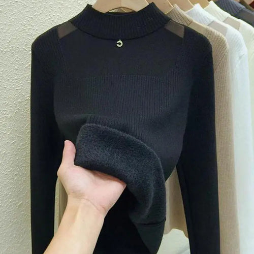 Load image into Gallery viewer, Autumn Winter Women Solid Mesh Velvet Sweater Korean Fashion Warm Round Collar Knitwear Long Sleeve Pullovers Tops Thick Popular
