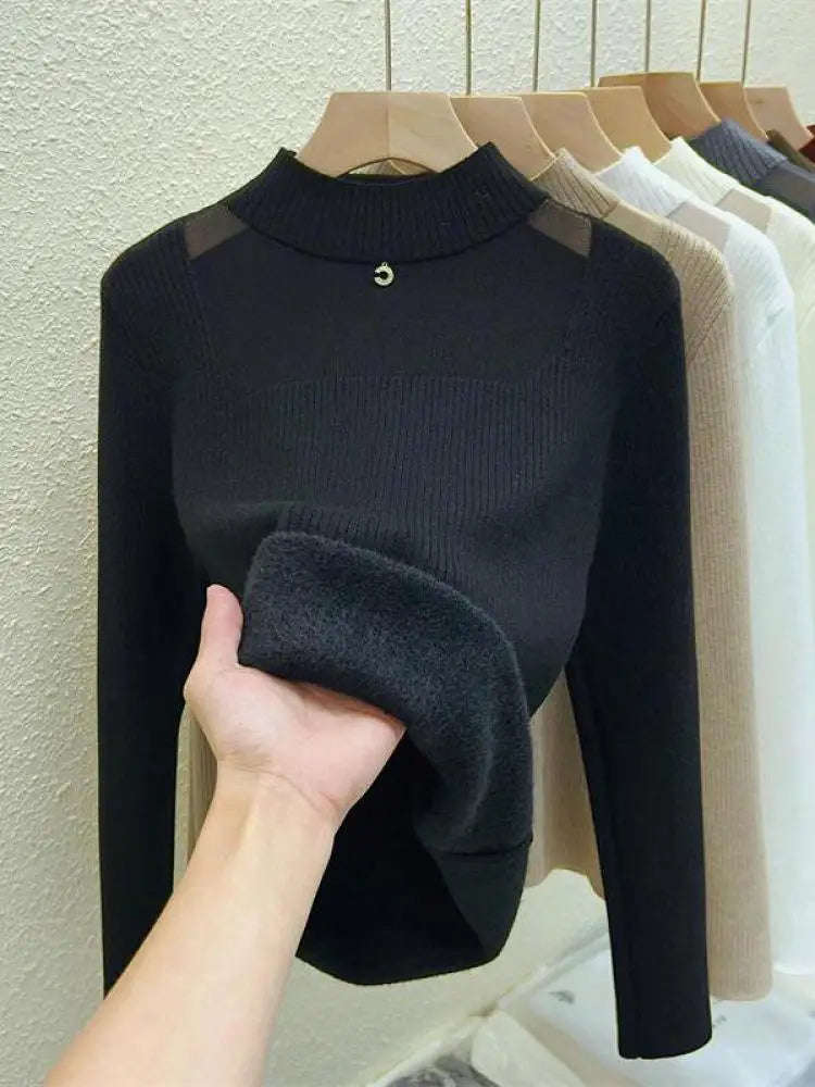 Autumn Winter Women Solid Mesh Velvet Sweater Korean Fashion Warm Round Collar Knitwear Long Sleeve Pullovers Tops Thick Popular