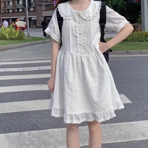 Load image into Gallery viewer, Kawaii White Lolita Dress Women Soft Girl Sweet Princess Ruffle Elegant Dresses Peter Pan Colalr Button Summer
