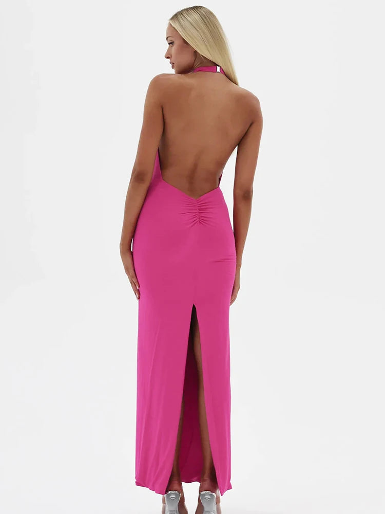 Sexy Swinging Collar High Slit Women Maxi Dress Backless Slim Fit Dress Party Dance Nightclub Female Clothing 2023 New