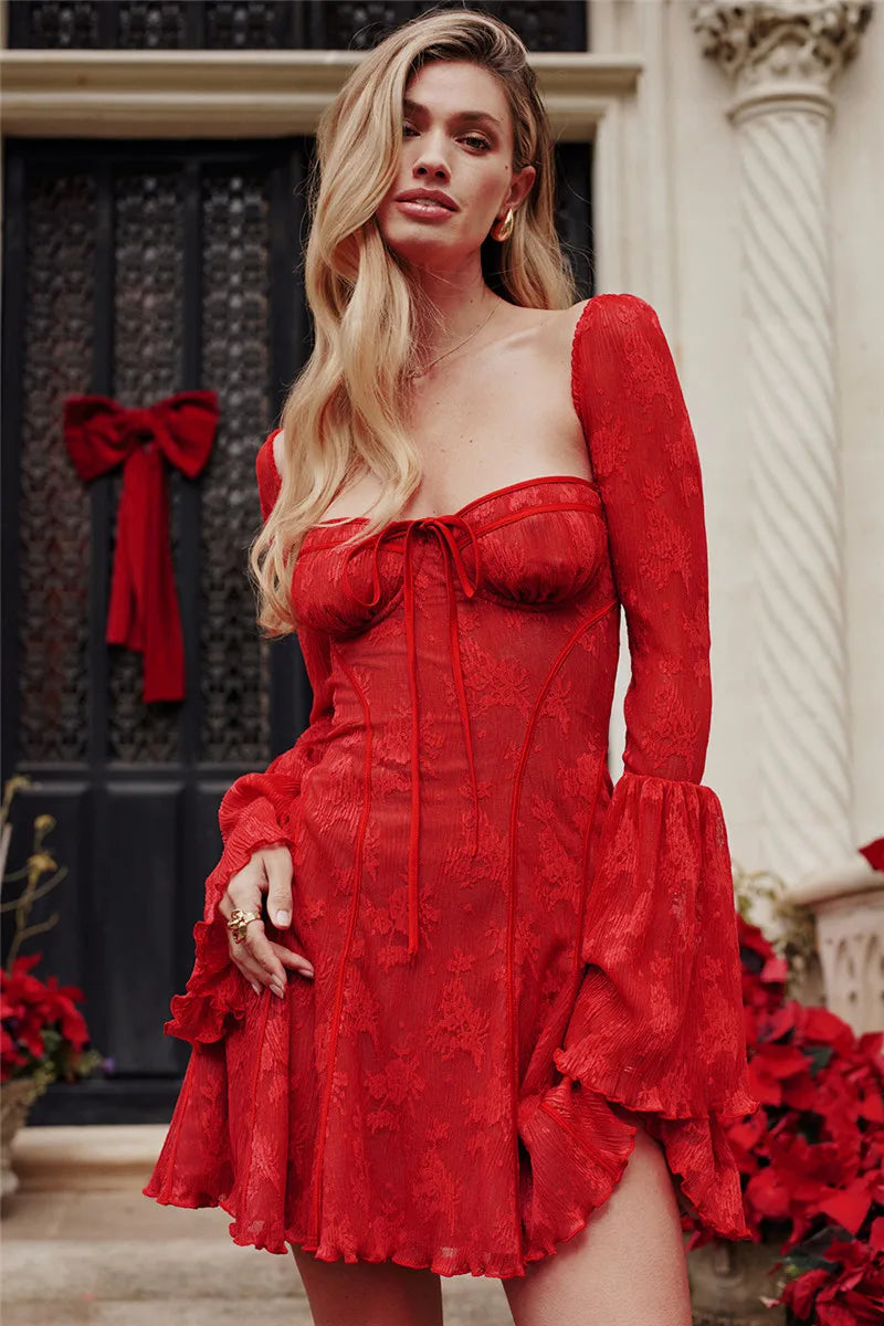 Elegant Backless Long Flare Sleeve Print Mini Dress Women Fashion square collar A-line Pleated Club Party Sexy Dress