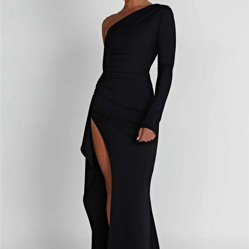 Load image into Gallery viewer, Oblique Shoulder Thigh High Split Maxi Dress Women Long Sleeve Backless Bodycon Sexy Club Party Long Dress Vestidos
