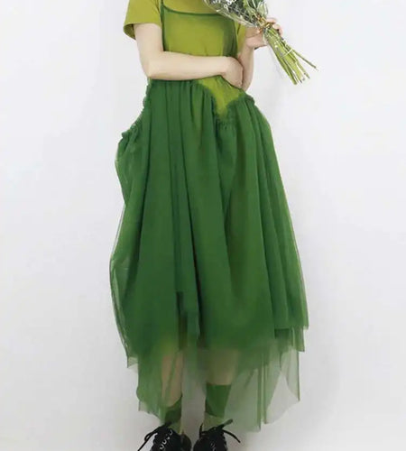 Women Green Mesh Layers Elegant Spaghetti Strap Dress New Square Collar Sleeveless Fashion Tide Spring Autumn 2025 1DJ0363