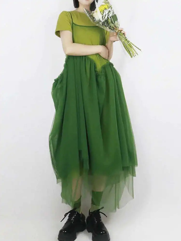 Women Green Mesh Layers Elegant Spaghetti Strap Dress New Square Collar Sleeveless Fashion Tide Spring Autumn 2025 1DJ0363