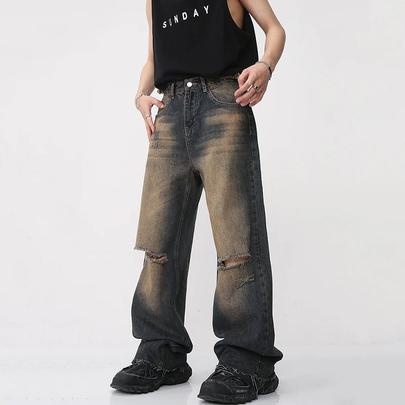 American Style Vintage Male Hiole Jeans Summer High Street Men's Wide Leg Denim Pants Gradient Straight Trousers 9A8592