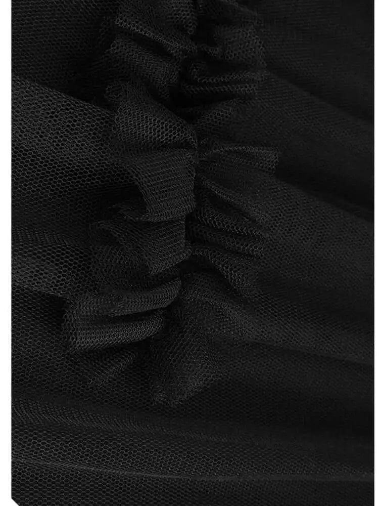 Women Black Mesh Ruffles Spliced Big Size Midi Dress New Round Neck Long Sleeve Fashion Tide Spring Autumn 2025 1DH7180