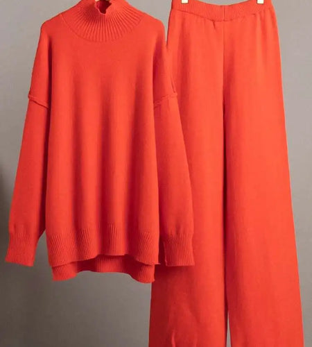 Big Size Red Sweater Wide Leg Pants Two Piece Suit New Turtleneck Long Sleeve Women Fashion Spring Autumn 2025 1DH8550