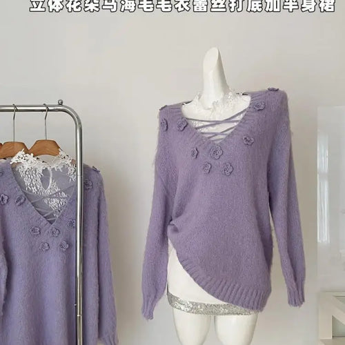 Load image into Gallery viewer, French Women Purple Long Sleeve Knitted Pullover V-neck Fashion Sweater Autumn Winter Grey Flower Decorate Tops 2025 Clothing
