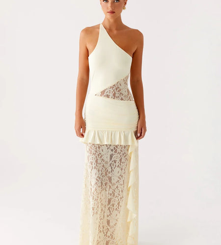 One Shoulder Backless Sexy Maxi Dress Women Lace Patchwork Fashion Sleeveless Lace-up Draped Ruffle Club Long Dress