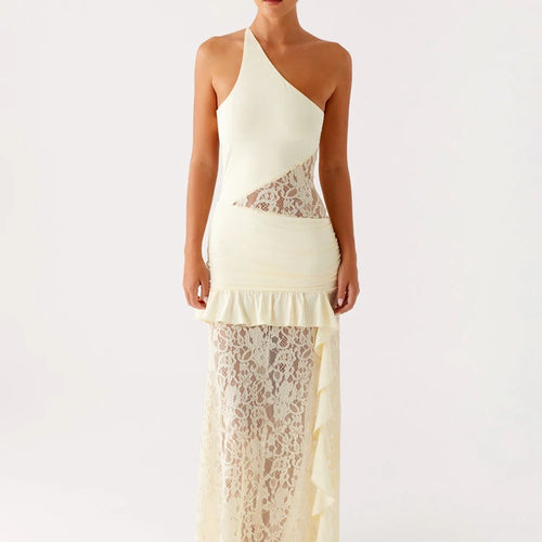 Load image into Gallery viewer, One Shoulder Backless Sexy Maxi Dress Women Lace Patchwork Fashion Sleeveless Lace-up Draped Ruffle Club Long Dress
