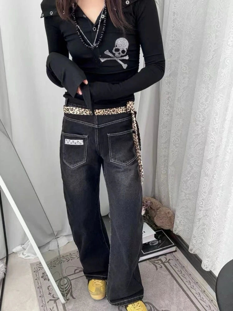 Y2k Aesthetic Diamond Skull Women T-shirt Gothic Punk Vintage Turn Down Collar Fairy Tshirts Streetwear Grunge Slim Fit Tees