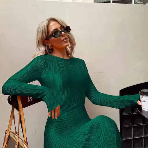 Load image into Gallery viewer, Women Elegant Ribbed Solid O Neck Long Sleeve Maxi Prom Dress 2022 Fall Sexy Bodycon Evening Birthday Party Y2K Robe
