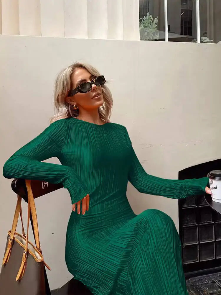 Women Elegant Ribbed Solid O Neck Long Sleeve Maxi Prom Dress 2022 Fall Sexy Bodycon Evening Birthday Party Y2K Robe
