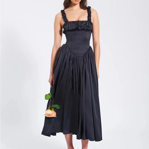 Load image into Gallery viewer, Elegant Satin Backless Midi Dress For Women High Quality Sundress Fashion Square Collar Sleeveless Loose Pleated Dress
