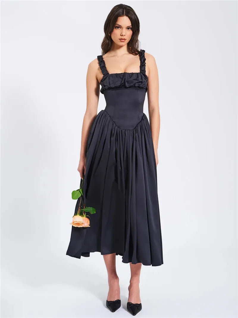 Elegant Satin Backless Midi Dress For Women High Quality Sundress Fashion Square Collar Sleeveless Loose Pleated Dress