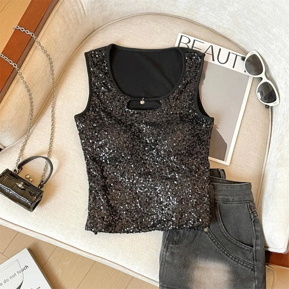 French Women Black Beige Sequin Elegant Sleeveless Vest Summer New Red Hollow Out Round Neck Holiday Short Tank Top Popular Chic