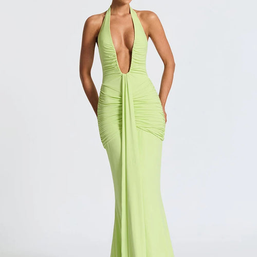 Load image into Gallery viewer, Deep V Neck Backless Ruched Sexy Maxi Dress Women Gown Summer Halter Sleeveless Draped Club Party Long Dress 2025
