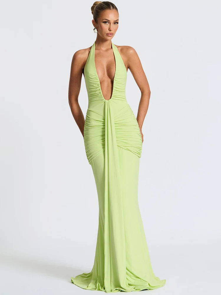 Deep V Neck Backless Ruched Sexy Maxi Dress Women Gown Summer Halter Sleeveless Draped Club Party Long Dress 2025