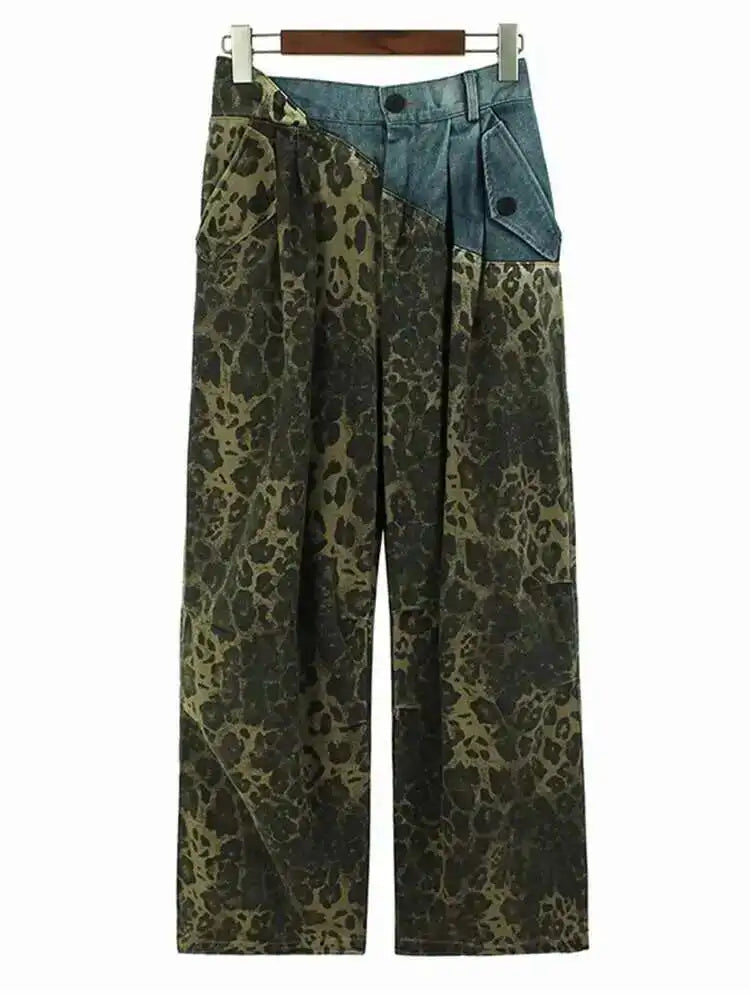 High Elastic Waist Green Leopard Print Denim Long Wide Leg Pants New Trousers Women Fashion Spring Autumn 2025 1DH6193