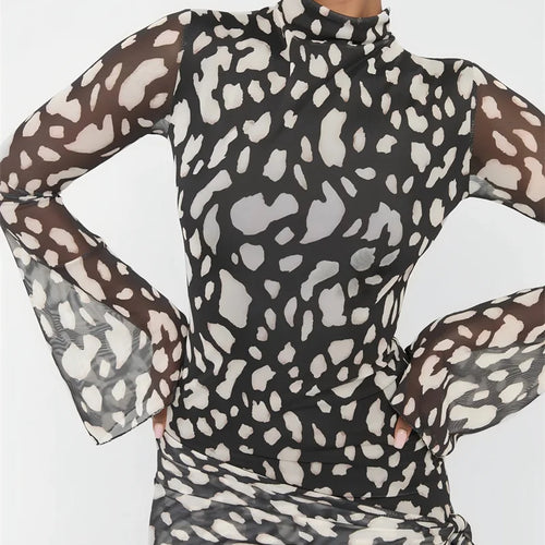 Load image into Gallery viewer, Summer Mesh Beach Sexy Mini Dress Women Robe Fashion Long Sleeve Draped Ruched Slim Print Vacation Club Dress Elegant
