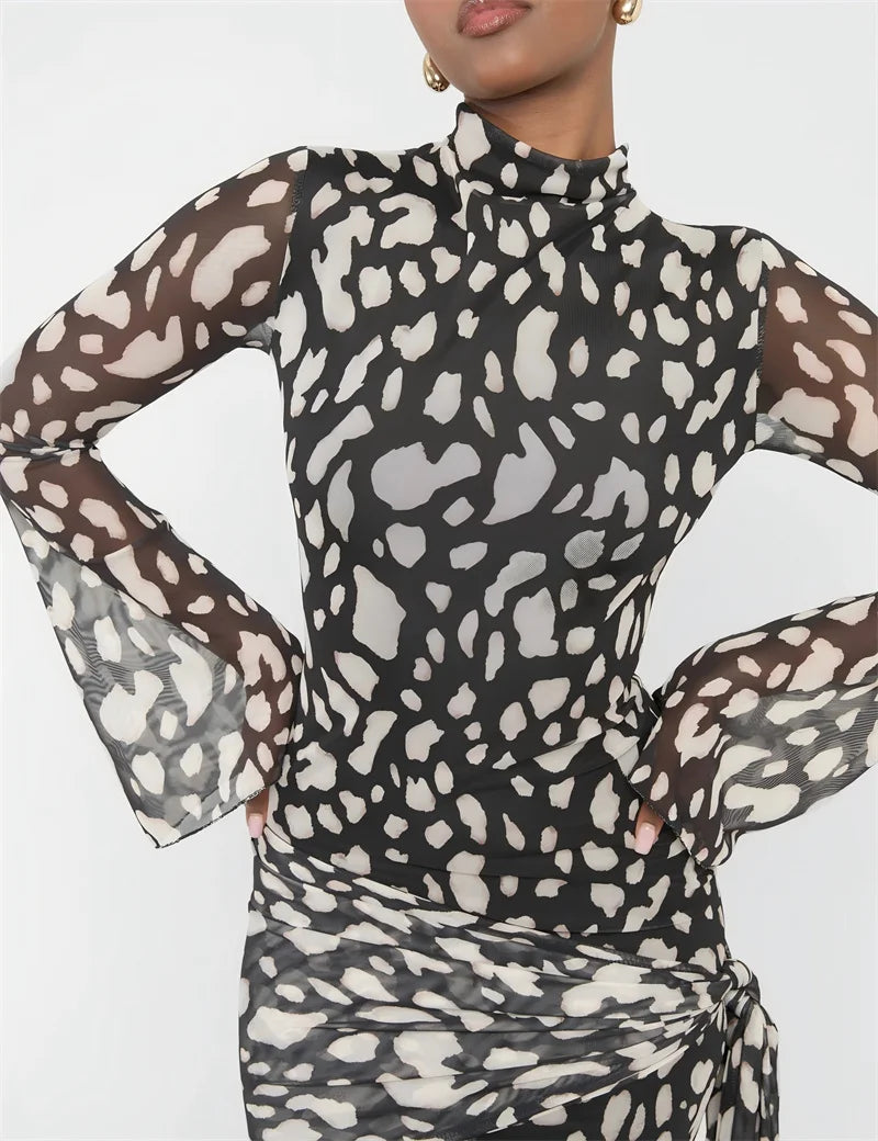 Summer Mesh Beach Sexy Mini Dress Women Robe Fashion Long Sleeve Draped Ruched Slim Print Vacation Club Dress Elegant