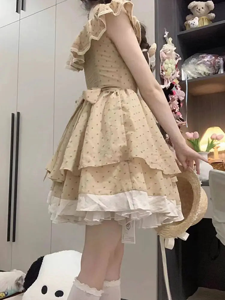 Kawaii Lolita Dress Ruffle Soft Girl Japanese Sweet Flying Sleeve Cute Dot Party Short Dresses Vintage Elegant Autumn