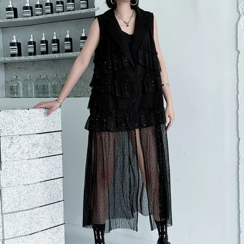 Load image into Gallery viewer, Women Black Singles Breasted Mesh Big Size Midi Vest Dress New Lapel Sleeveless Fashion Tide Spring Autumn 2025 1DJ1041
