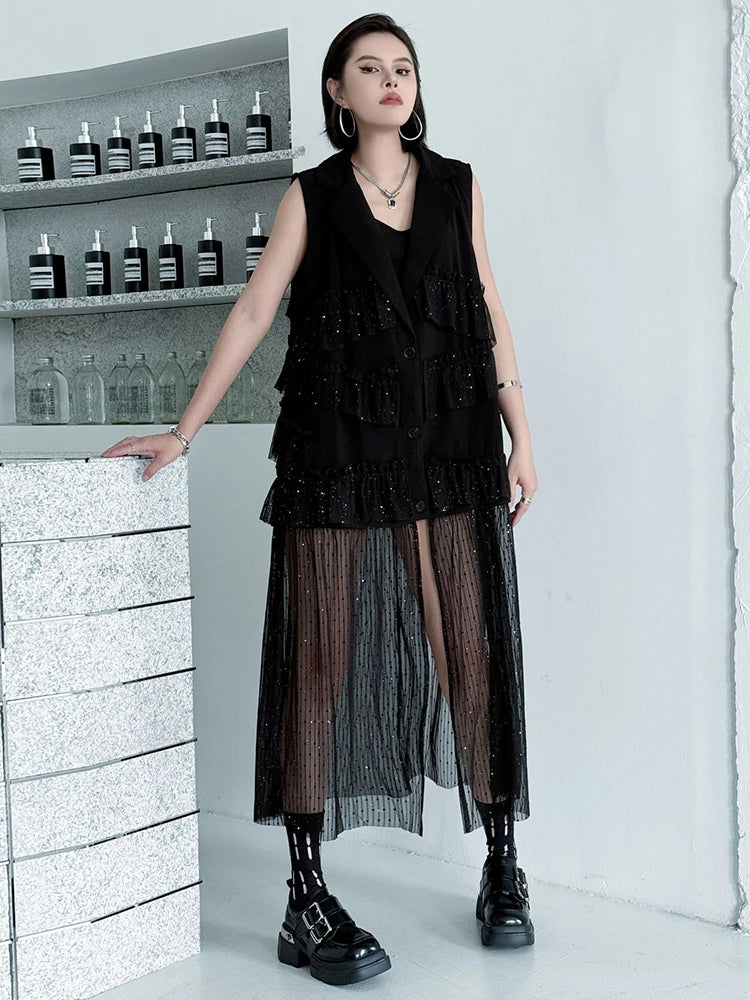 Women Black Singles Breasted Mesh Big Size Midi Vest Dress New Lapel Sleeveless Fashion Tide Spring Autumn 2025 1DJ1041