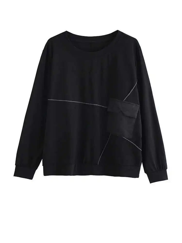 Women Black Topstitched Big Size Casual T-shirt New Round Neck Long Sleeve Fashion Tide Spring Autumn 2025 1DE4952