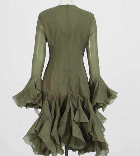 Solid Spliced Button Slimming Dresses For Women O Neck Long Sleeve High Waist Patchwork Ruffles Female Fashion New