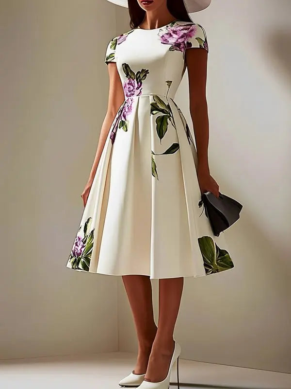 Woman Flower Print Midi Dresses Summer Skinny Stand Collar Elegant Vintage Romantic Evening Dress for Women