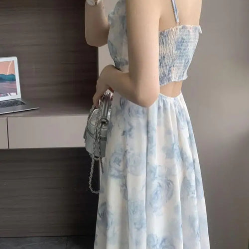 Load image into Gallery viewer, Summer Blue Flower Sleeveless Elegant Pleated Slip Long Dresses Fashion Women Vintage High Waist Backless Vacation Sundress Boho

