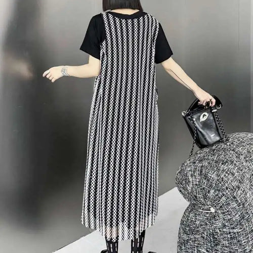 Load image into Gallery viewer, Women Black Irregular Mesh Big Size Casual Midi Dress New Round Neck Short Sleeve Fashion Tide Spring Summer 2025 1DH5415
