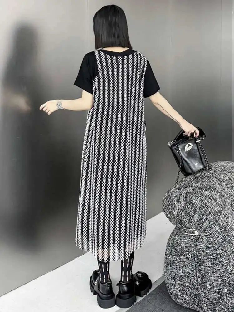 Women Black Irregular Mesh Big Size Casual Midi Dress New Round Neck Short Sleeve Fashion Tide Spring Summer 2025 1DH5415