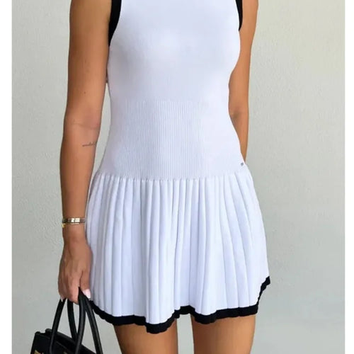 Load image into Gallery viewer, Elegant Sleeveless Knitted Sweater Dress Women Elastic Slim Short Skirt Pleated Female Summer 2024 New Vacation Vestidos
