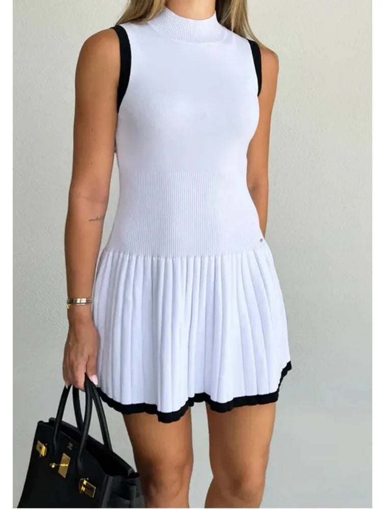 Elegant Sleeveless Knitted Sweater Dress Women Elastic Slim Short Skirt Pleated Female Summer 2024 New Vacation Vestidos