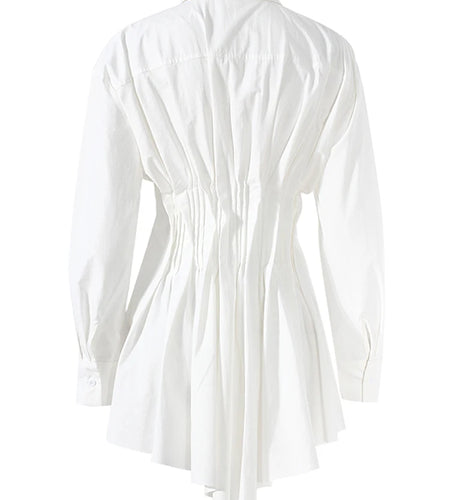 Women White Irregular Hem Pleated Elegant Blouse New Lapel Long Sleeve Shirt Fashion Tide Spring Autumn 2025 7AB3817