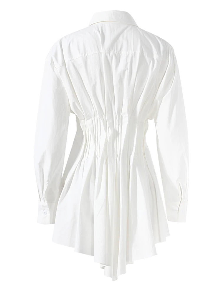 Women White Irregular Hem Pleated Elegant Blouse New Lapel Long Sleeve Shirt Fashion Tide Spring Autumn 2025 7AB3817