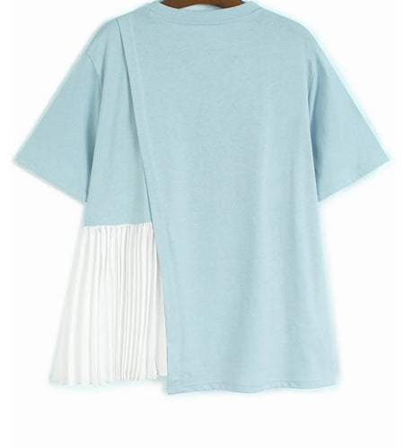 Women Blue Color-block Pleated Big Size T-shirt New Round Neck Short Sleeve Fashion Tide Spring Summer 2025 1DJ1225