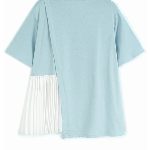 Load image into Gallery viewer, Women Blue Color-block Pleated Big Size T-shirt New Round Neck Short Sleeve Fashion Tide Spring Summer 2025 1DJ1225
