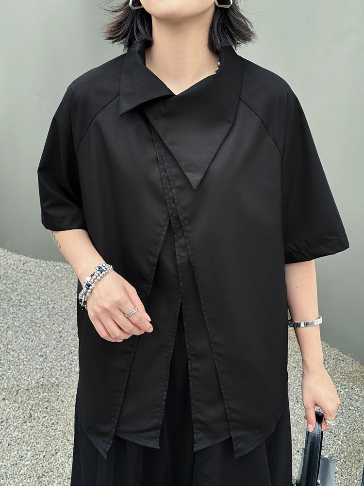 Big Size Black Irregular Shirt Mesh Pants Two Piece Suit New Lapel Short Sleeve Women Fashion Spring Summer 2025 1DJ1371
