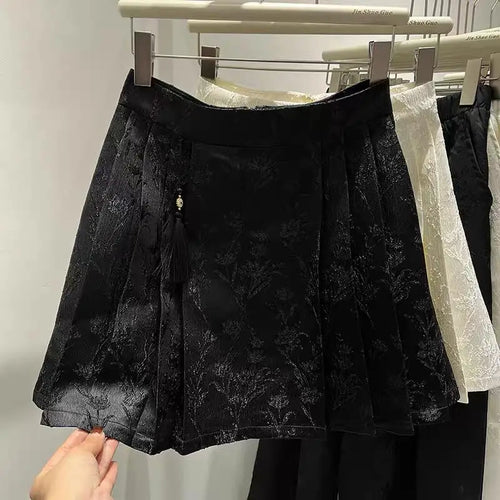 Load image into Gallery viewer, Beige Embroidery Floral Women Pleated Skirts 2024 New Chinese Style Black High Waist Slim A-line Spring Summer Retro Short Skirt
