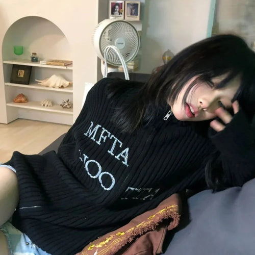 Load image into Gallery viewer, Y2k Aesthetic Letter Jacquard Knitted Cardigan Women Vintage Double Zippers Jacket Harajuku Loose Sweater Coat Grunge Streetwear
