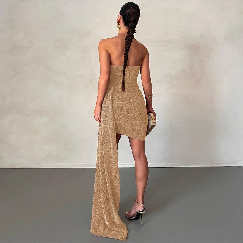 Elegant Strapless Lace-up Mini Dress For Women Robe 2023 New Off-shoulder Sleeveless Ruched Party Short Dress Vestido